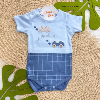 Kit 3 Peças - Bodys Manga Curta Um, Dois, Três e Já! - Azul Bebê, Areia e Off White